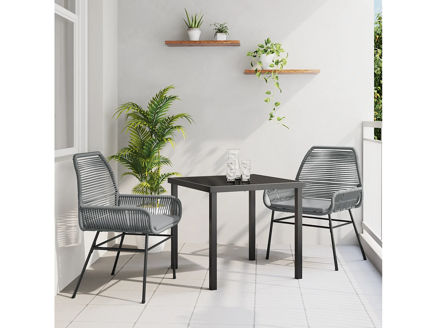 Ensemble de salle à manger de jardin 3 pièces avec coussins Gris en poly rotin