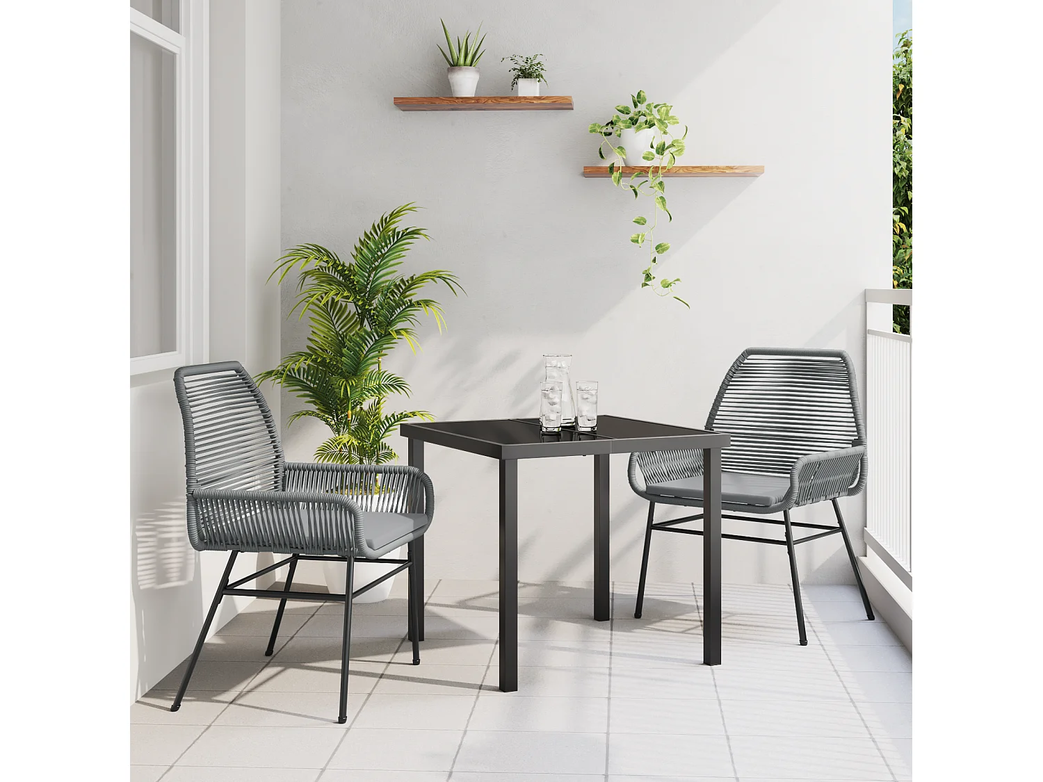 Ensemble de salle à manger de jardin 3 pièces avec coussins Gris en poly rotin