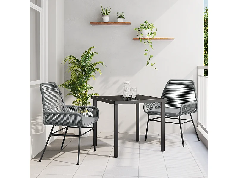 Set da pranzo da giardino 3 pezzi con cuscini in polyrattan grigio