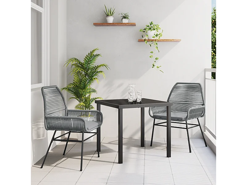 Set da pranzo da giardino 3 pezzi con cuscini in polyrattan grigio
