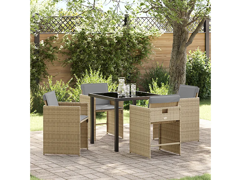 Set da pranzo da giardino 5 pezzi con cuscini in polyrattan beige