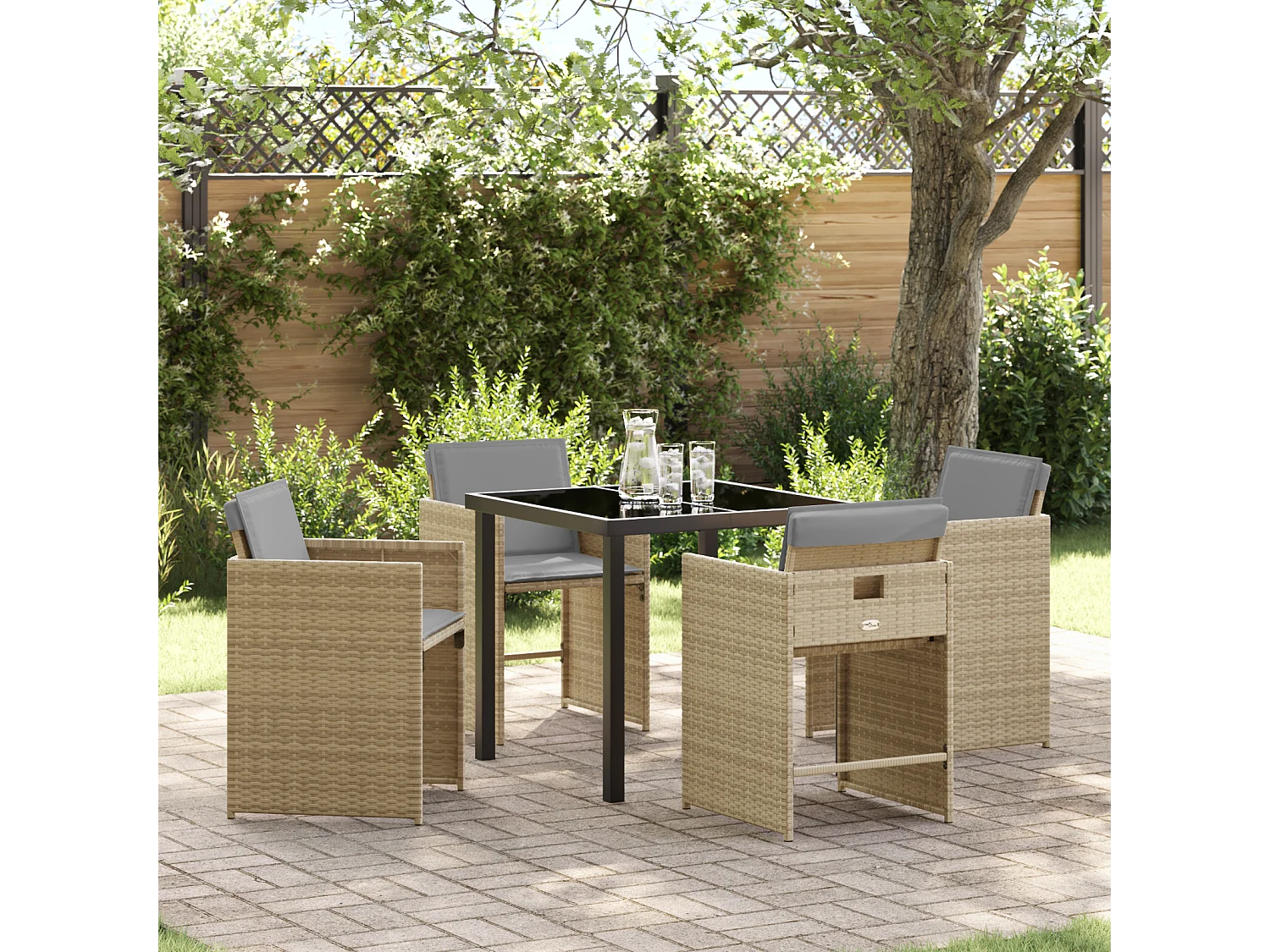 Set da pranzo da giardino 5 pezzi con cuscini in polyrattan beige