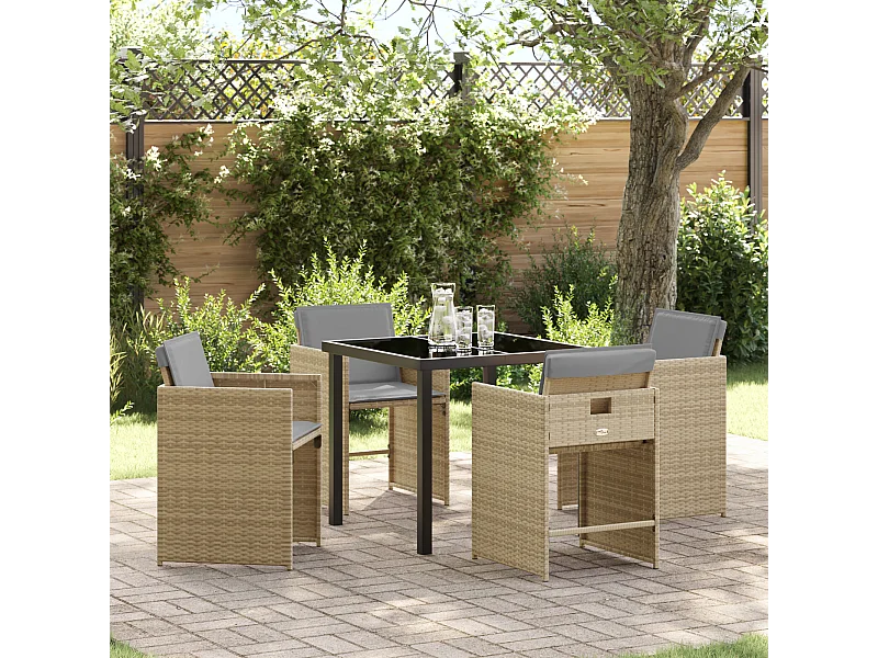 Set da pranzo da giardino 5 pezzi con cuscini in polyrattan beige