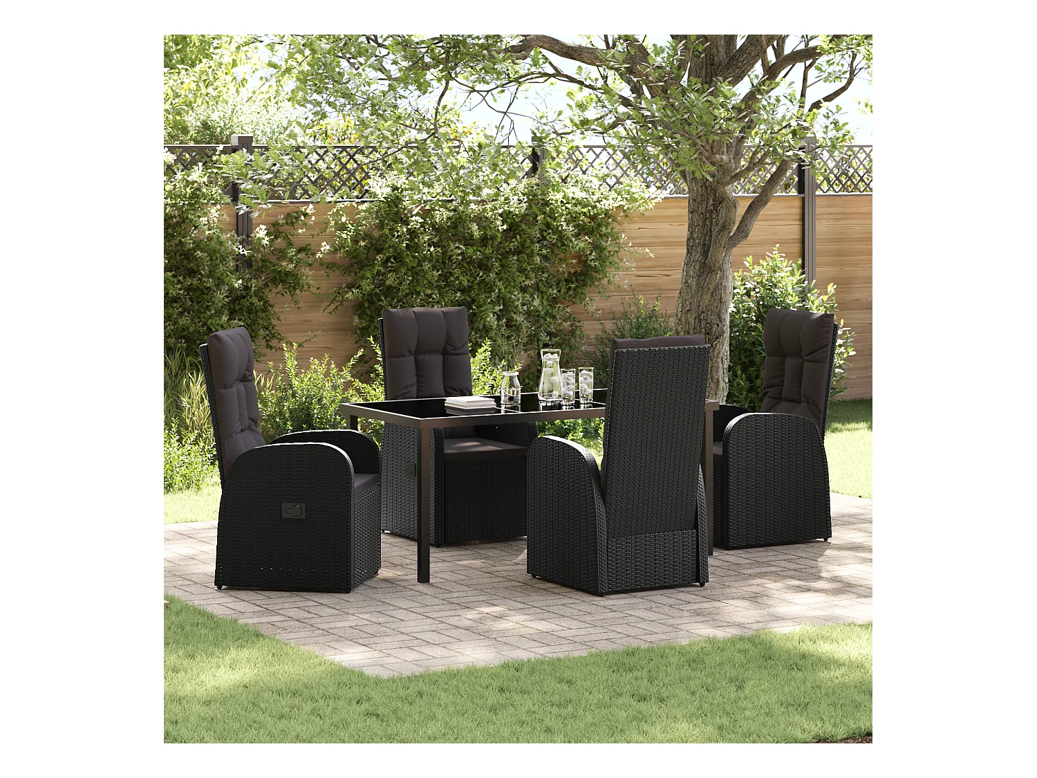 Set da pranzo da giardino 5 pezzi con cuscini in rattan nero Poly