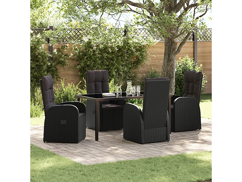 Ensemble de Salle à Manger de Jardin 5 Pièces avec Coussins Noir Rattan Poly