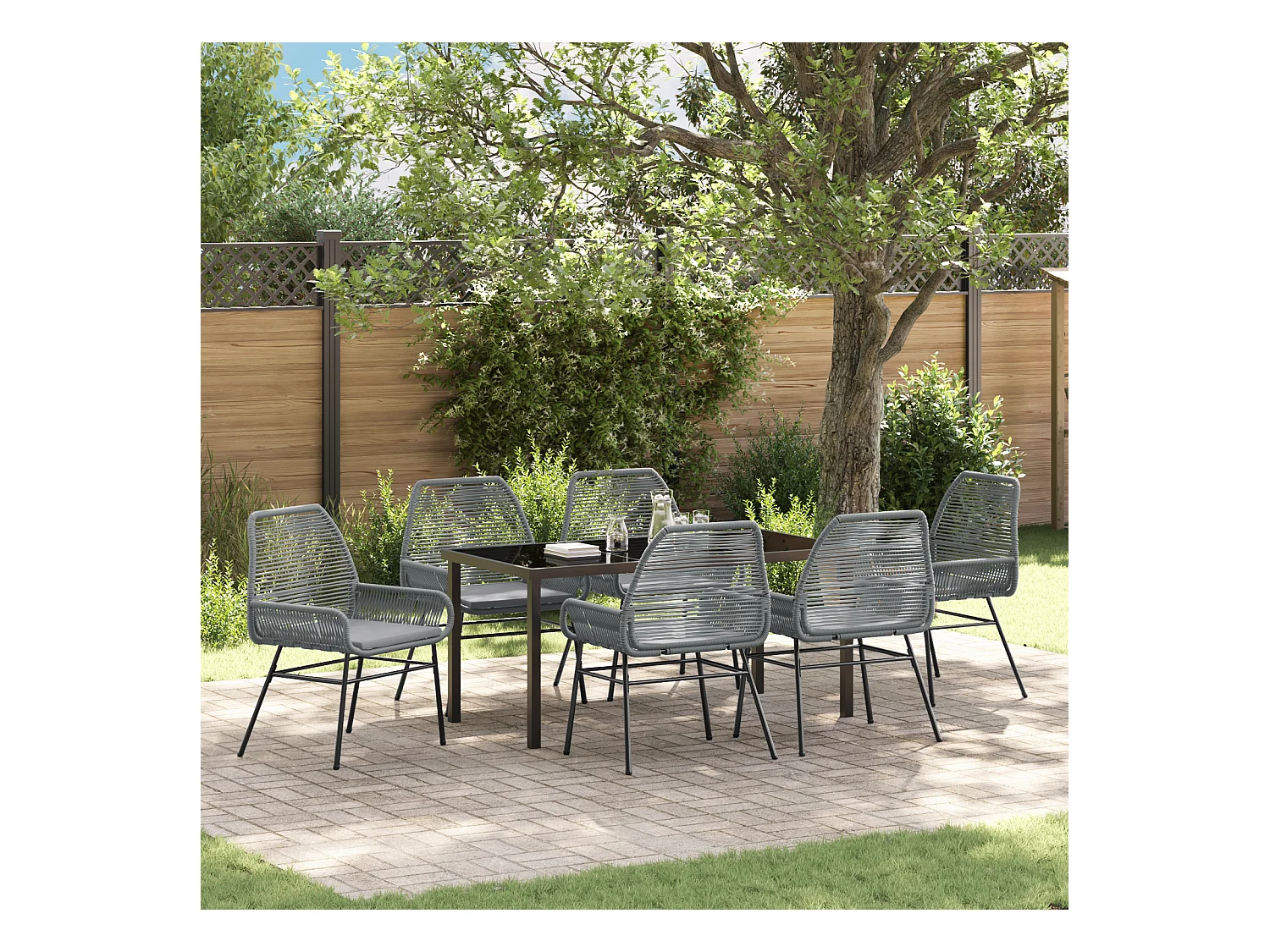 Ensemble de Dining de Jardin 7 Pièces avec Coussins Gris en Rotin Poly