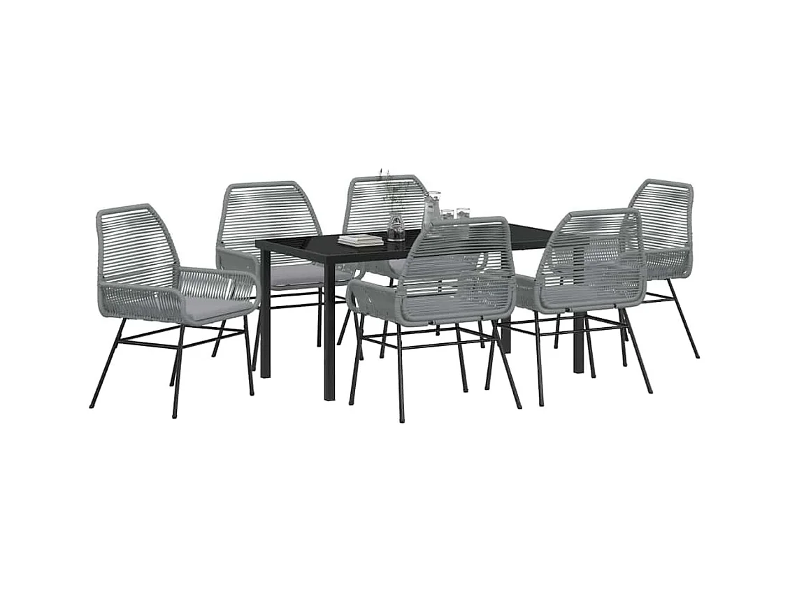 Ensemble de Dining de Jardin 7 Pièces avec Coussins Gris en Rotin Poly