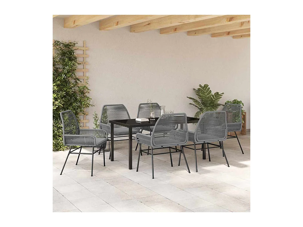 Ensemble de Dining de Jardin 7 Pièces avec Coussins Gris en Rotin Poly