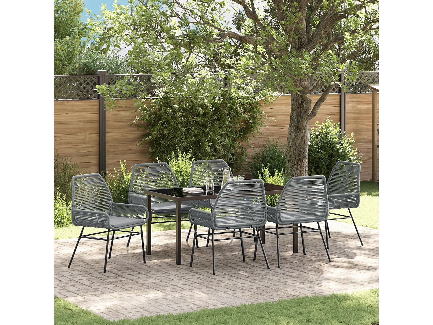 Ensemble de Dining de Jardin 7 Pièces avec Coussins Gris en Rotin Poly