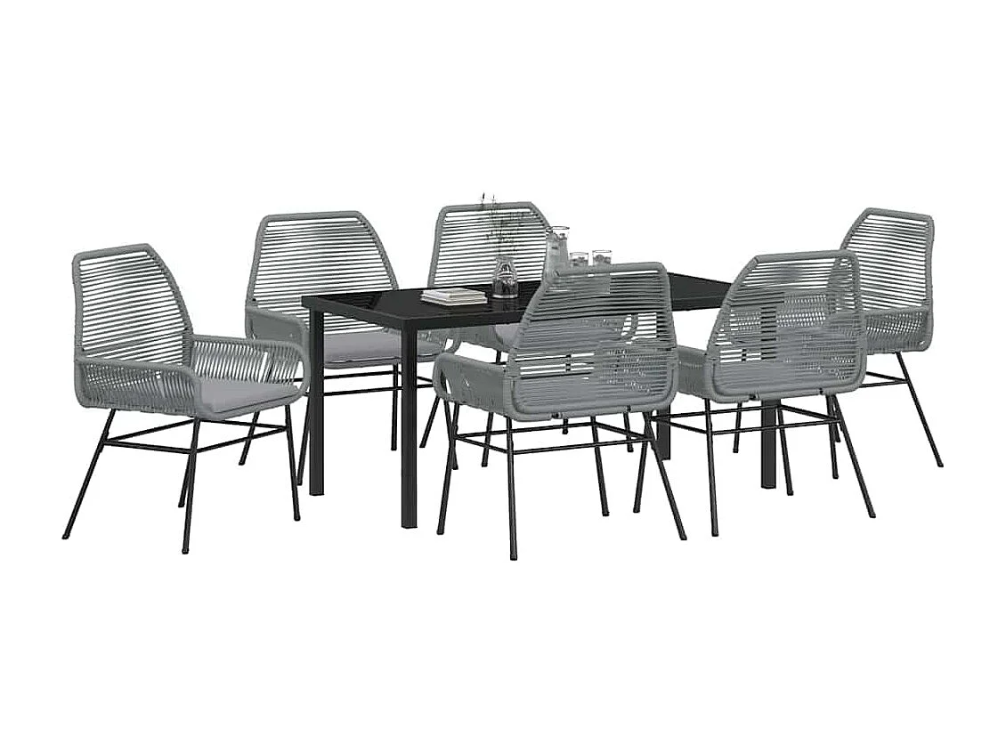 Ensemble de Dining de Jardin 7 Pièces avec Coussins Gris en Rotin Poly