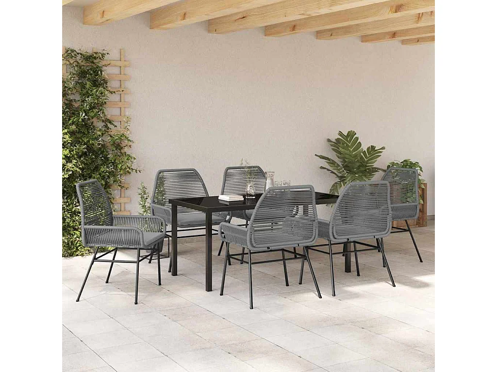 Ensemble de Dining de Jardin 7 Pièces avec Coussins Gris en Rotin Poly