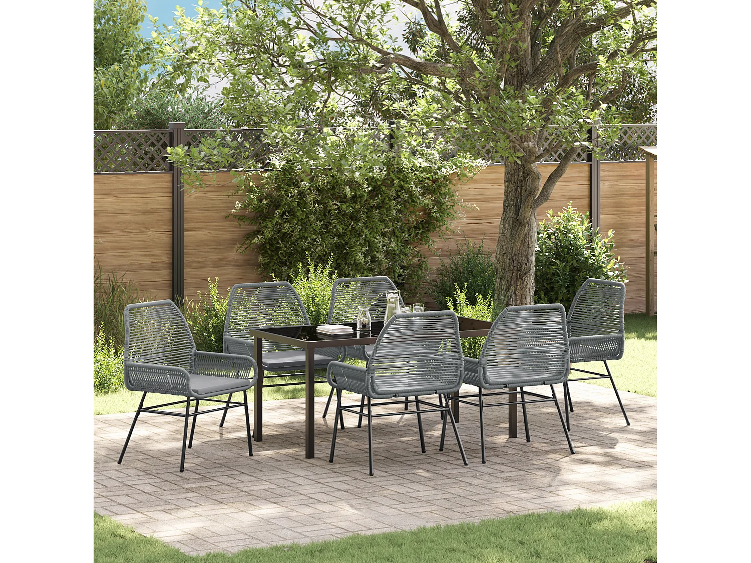 Ensemble de Dining de Jardin 7 Pièces avec Coussins Gris en Rotin Poly