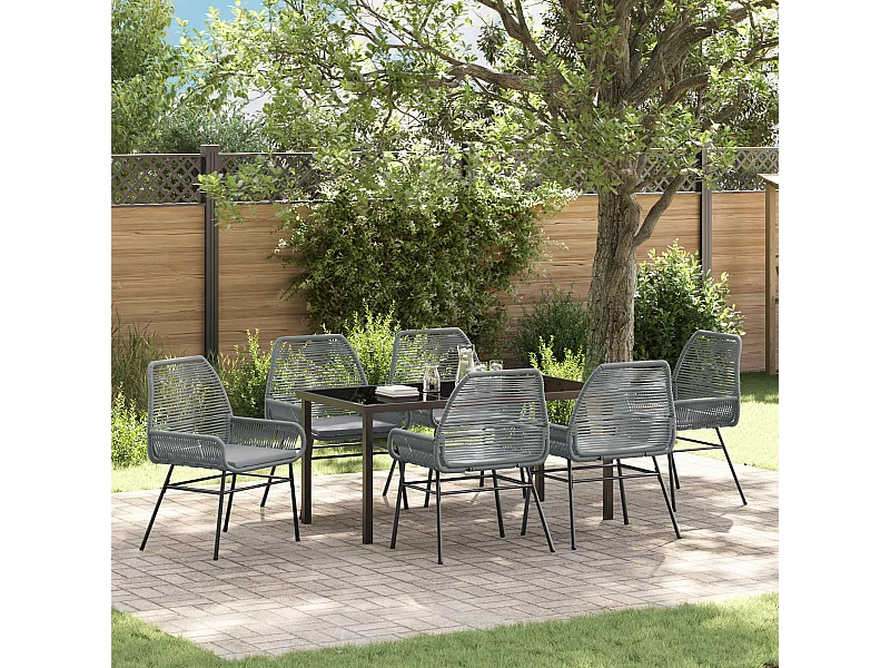 Ensemble de Dining de Jardin 7 Pièces avec Coussins Gris en Rotin Poly