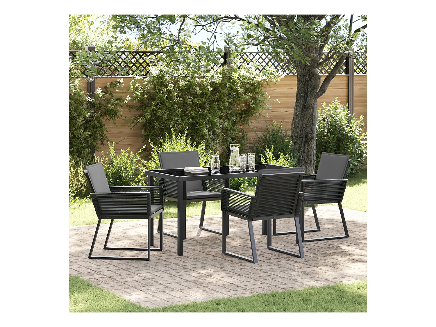 Set da pranzo da giardino 5 pezzi con cuscini in rattan nero Poly