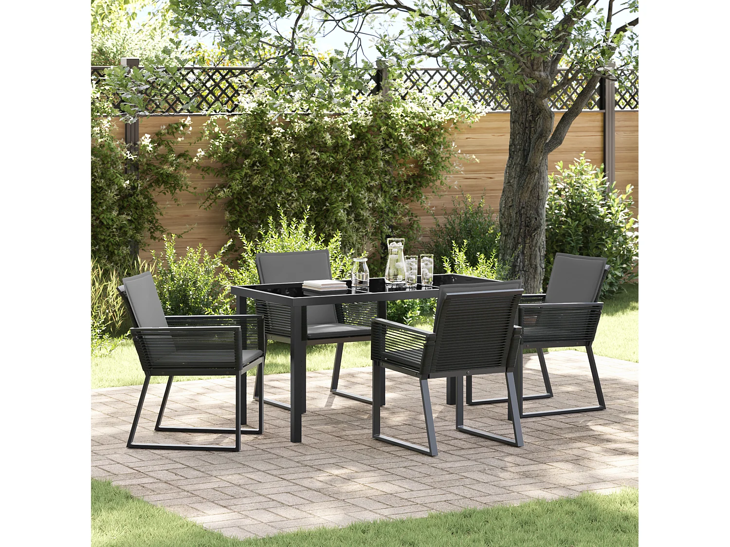 Ensemble de dining de jardin 5 pièces avec coussins Noir Rattan poly