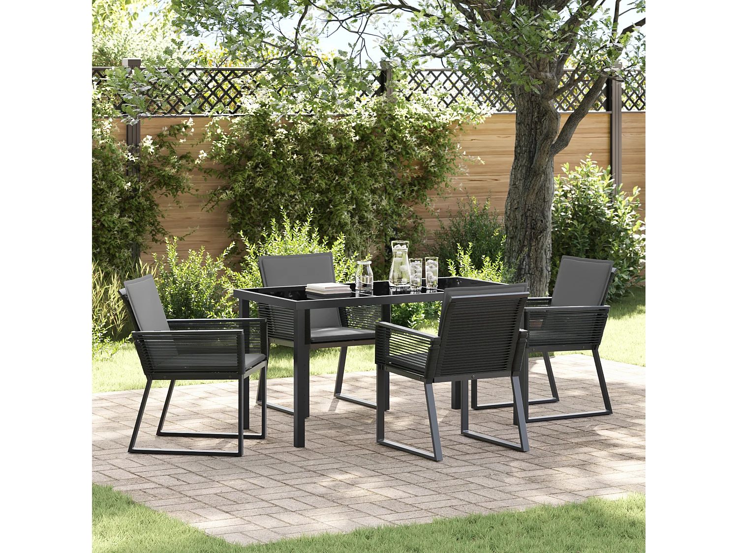 Ensemble de dining de jardin 5 pièces avec coussins Noir Rattan poly