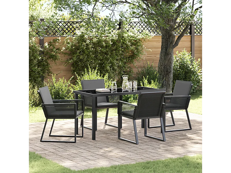 Ensemble de dining de jardin 5 pièces avec coussins Noir Rattan poly