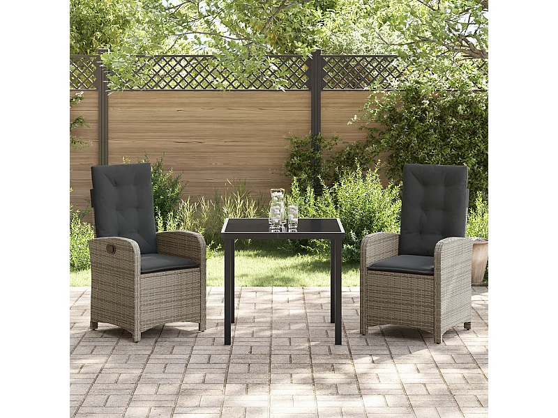 Set da pranzo da giardino 3 pezzi con cuscini in polyrattan grigio