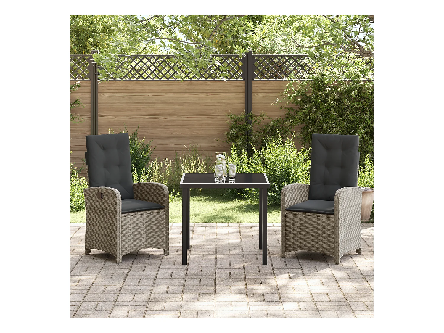 Set da pranzo da giardino 3 pezzi con cuscini in polyrattan grigio