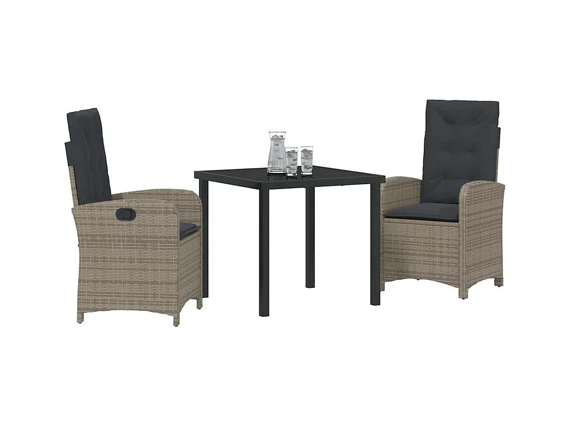 Set da pranzo da giardino 3 pezzi con cuscini in polyrattan grigio