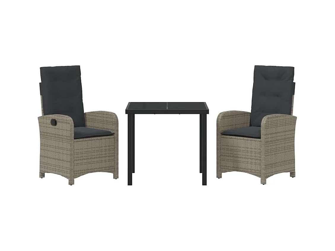 Set da pranzo da giardino 3 pezzi con cuscini in polyrattan grigio