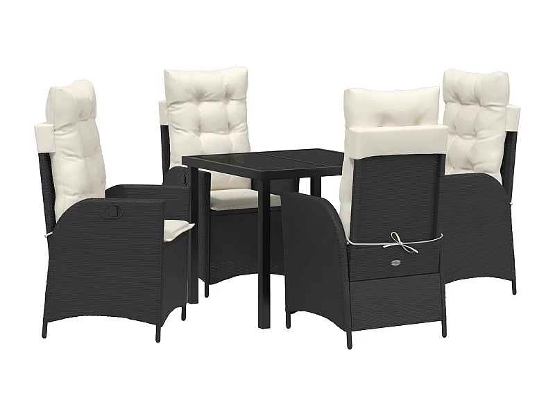 Set de repas de jardin de 5 pièces avec coussins en poly rattan noir