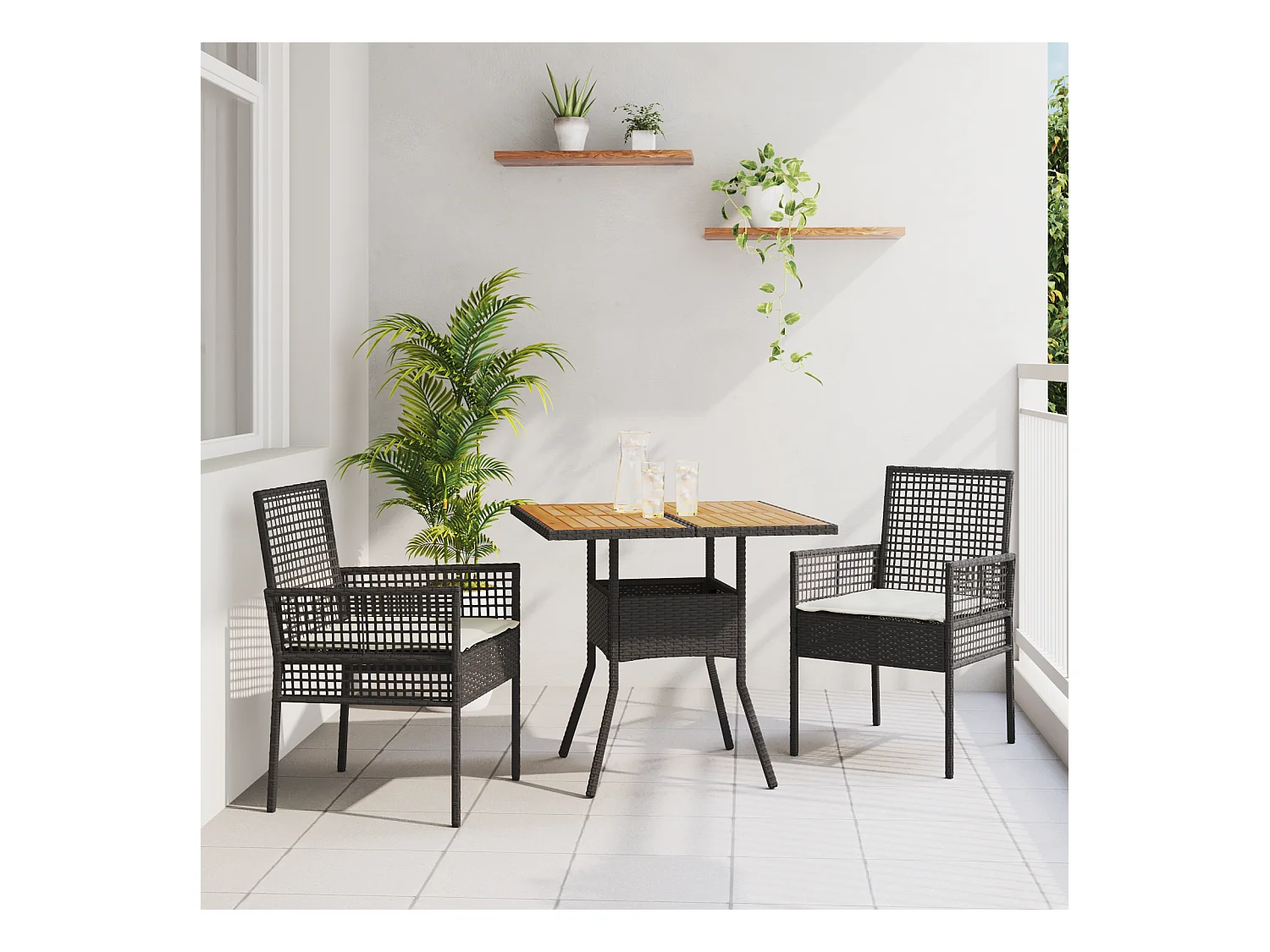 Set da pranzo da giardino 3 pezzi con cuscini in polyrattan nero