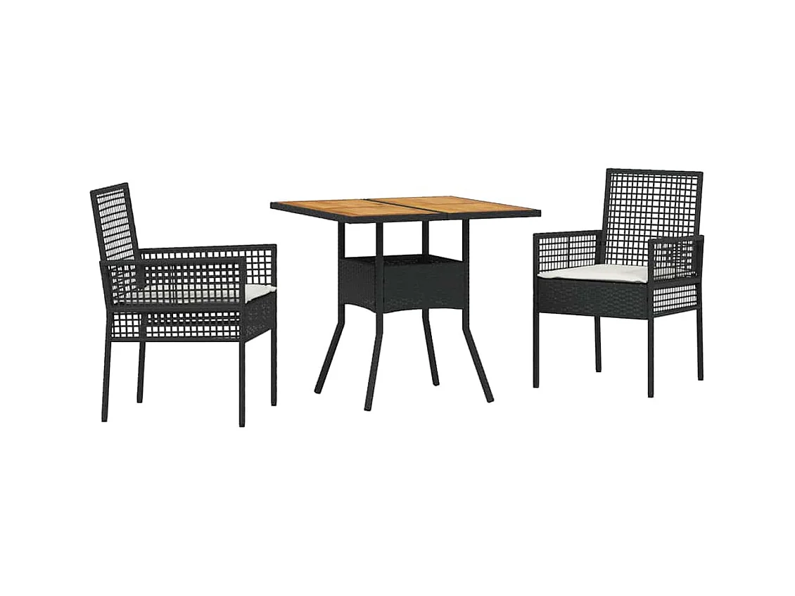 Set da pranzo da giardino 3 pezzi con cuscini in polyrattan nero