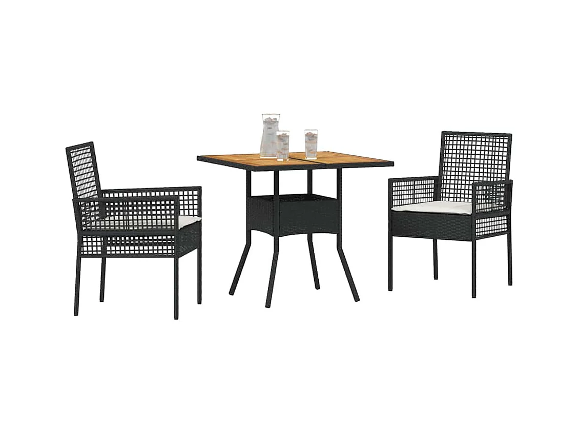 Set da pranzo da giardino 3 pezzi con cuscini in polyrattan nero