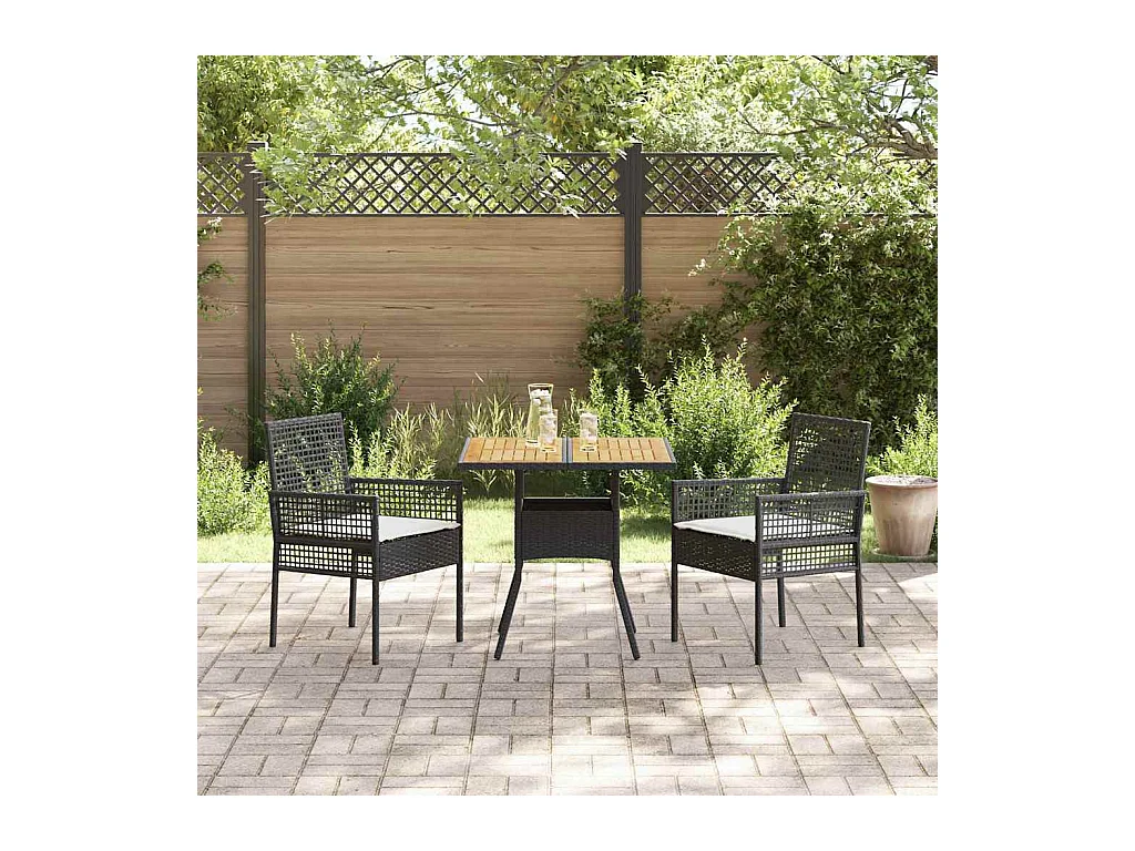 Set da pranzo da giardino 3 pezzi con cuscini in polyrattan nero