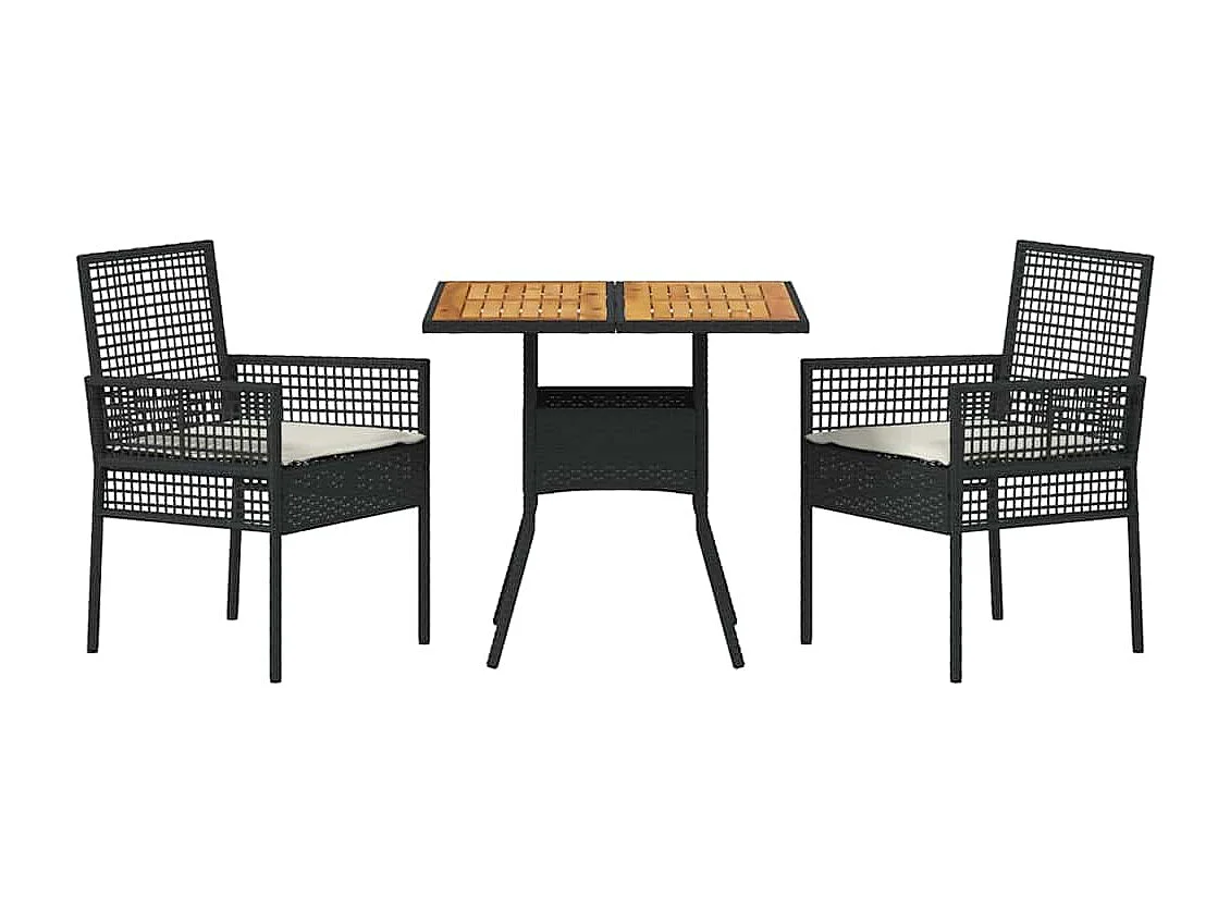 Set da pranzo da giardino 3 pezzi con cuscini in polyrattan nero