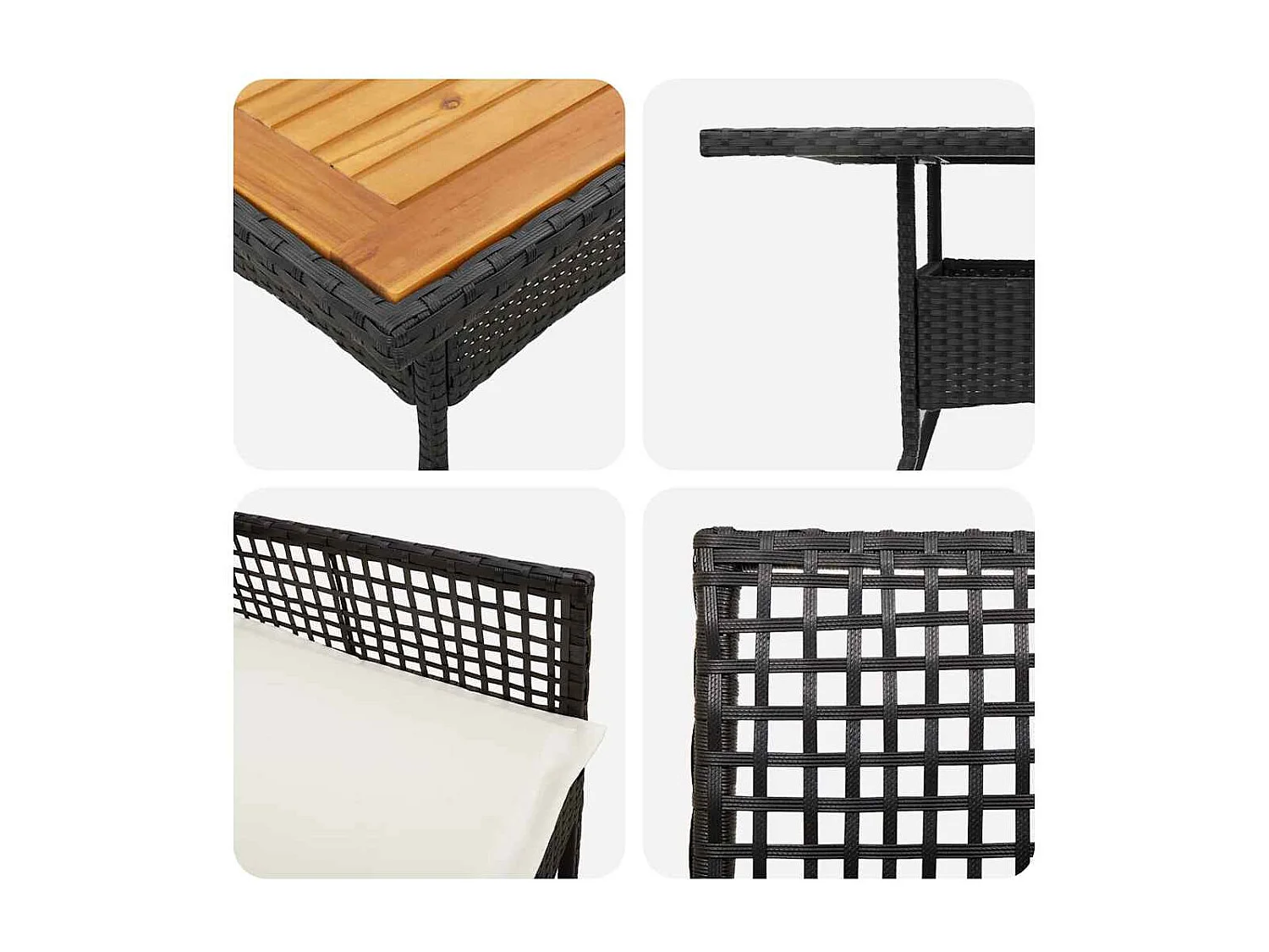 Set da pranzo da giardino 3 pezzi con cuscini in polyrattan nero