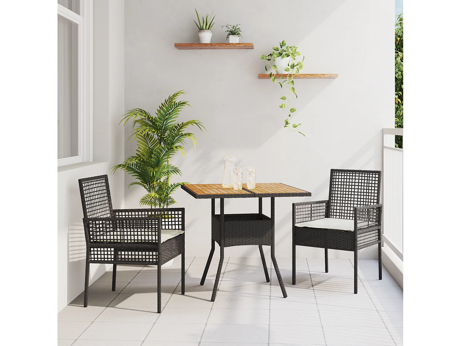 Ensemble de Salle à Manger de Jardin 3 Pièces avec Coussins Noir Poly Rattan