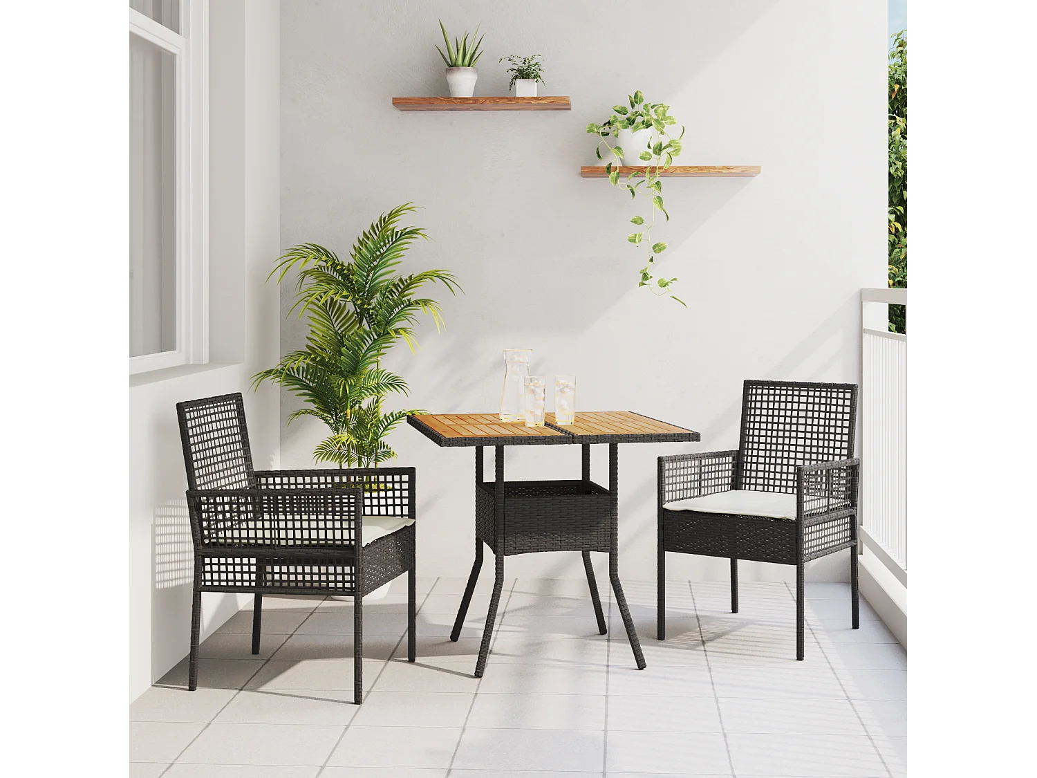 Ensemble de Salle à Manger de Jardin 3 Pièces avec Coussins Noir Poly Rattan