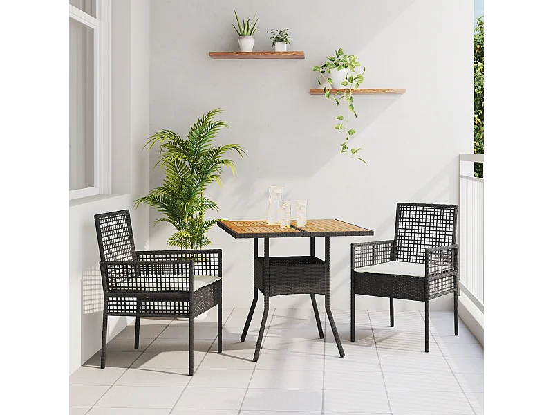 Ensemble de Salle à Manger de Jardin 3 Pièces avec Coussins Noir Poly Rattan
