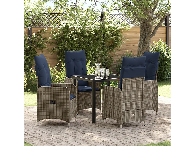 Set de dîner de jardin 5 pièces avec coussins en raton poly noir