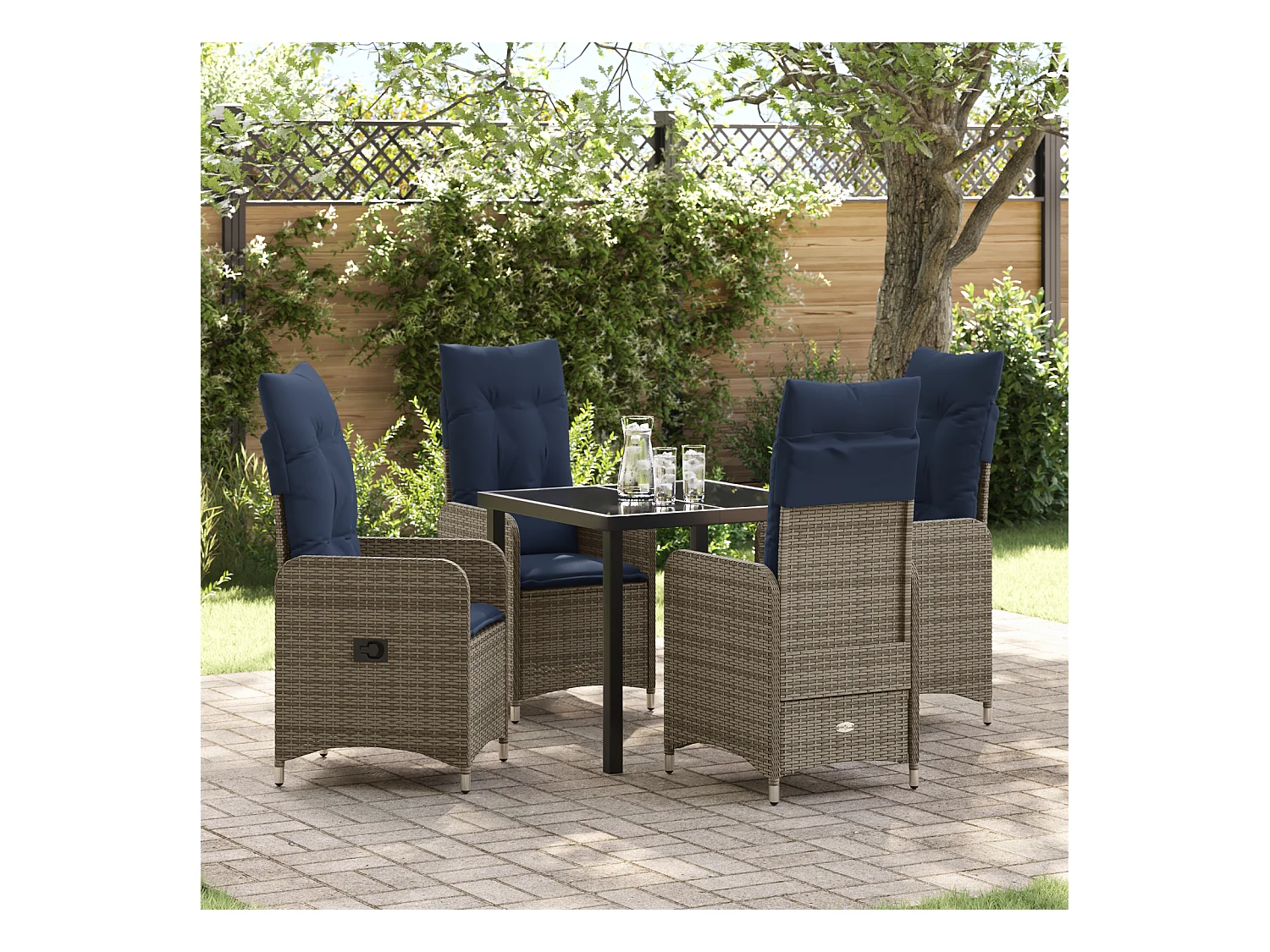 Set de dîner de jardin 5 pièces avec coussins en raton poly noir