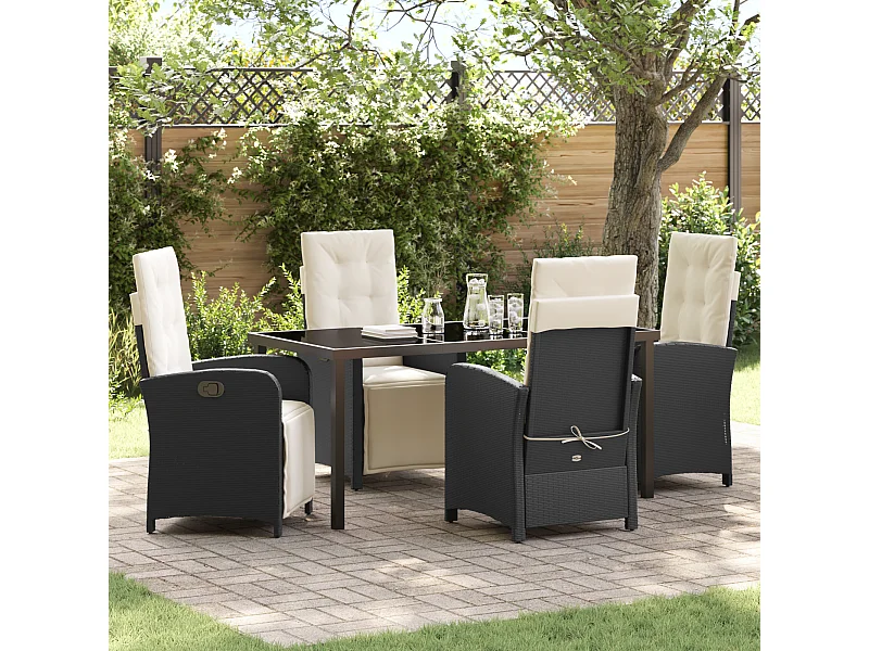 Set da pranzo da giardino da 5 pezzi con cuscini in polyrattan nero