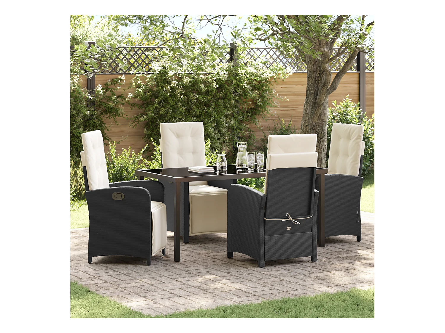 Set da pranzo da giardino da 5 pezzi con cuscini in polyrattan nero