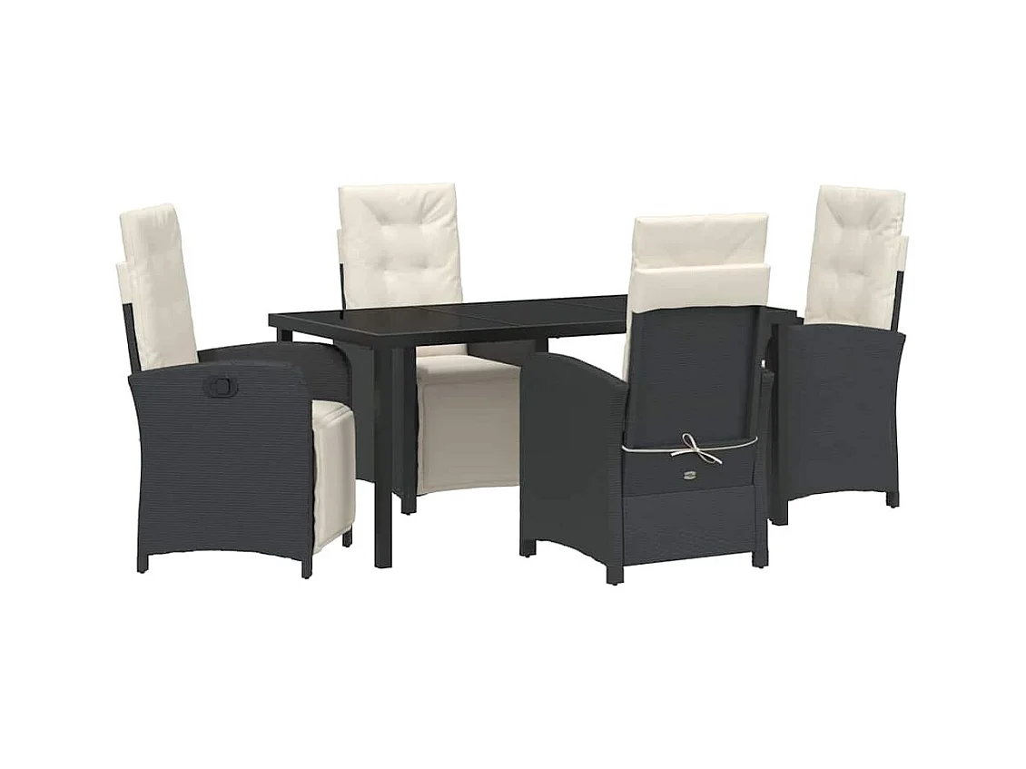 Set da pranzo da giardino da 5 pezzi con cuscini in polyrattan nero