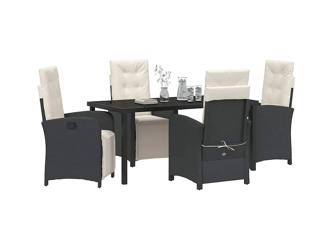 Set da pranzo da giardino da 5 pezzi con cuscini in polyrattan nero