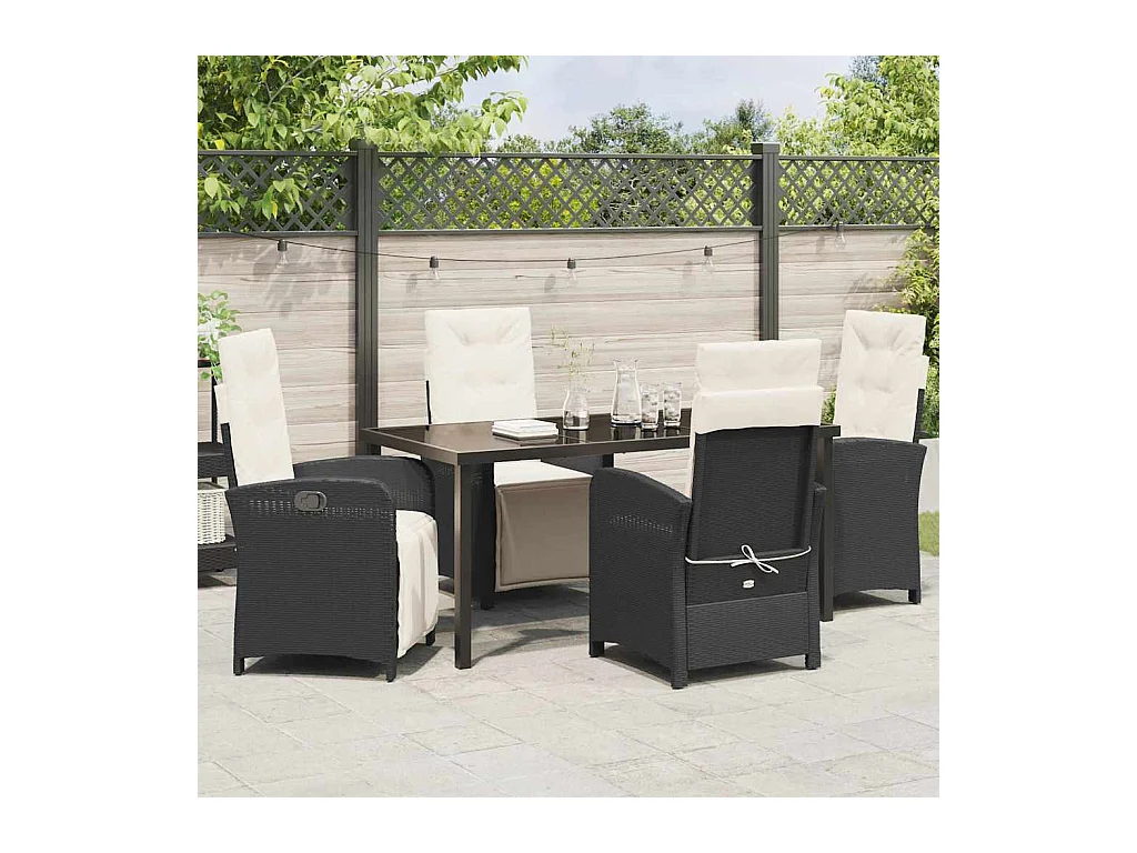 Set da pranzo da giardino da 5 pezzi con cuscini in polyrattan nero