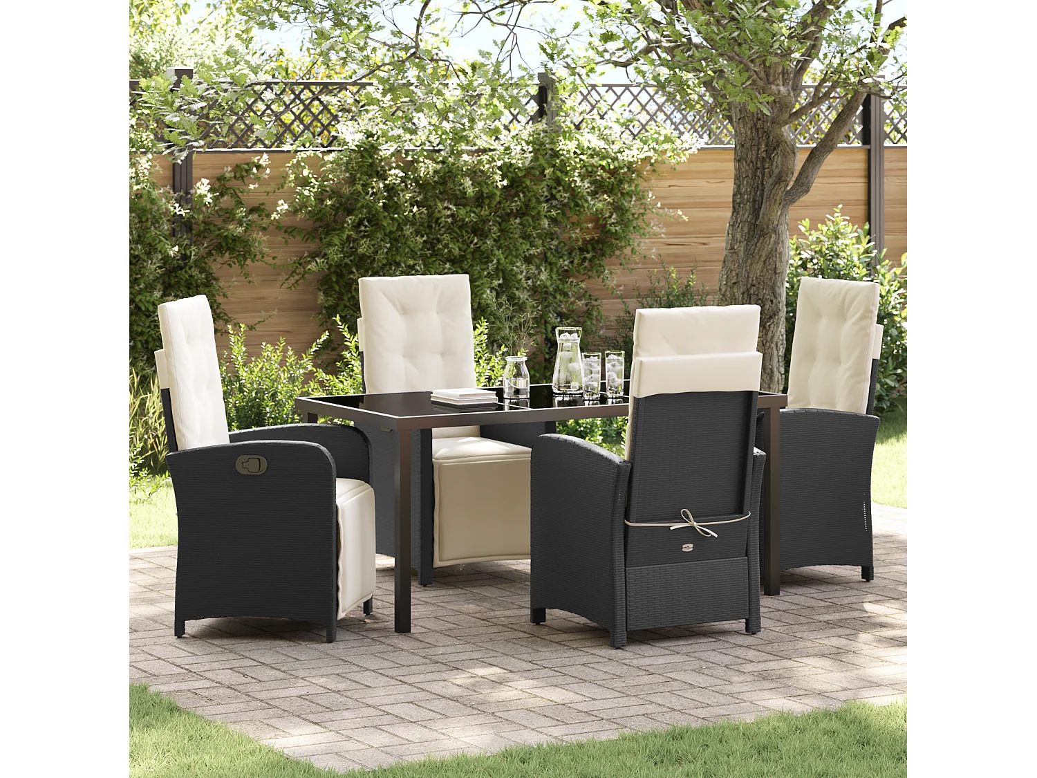 Ensemble repas jardin 5 pièces avec coussins Noir Poly Rotin
