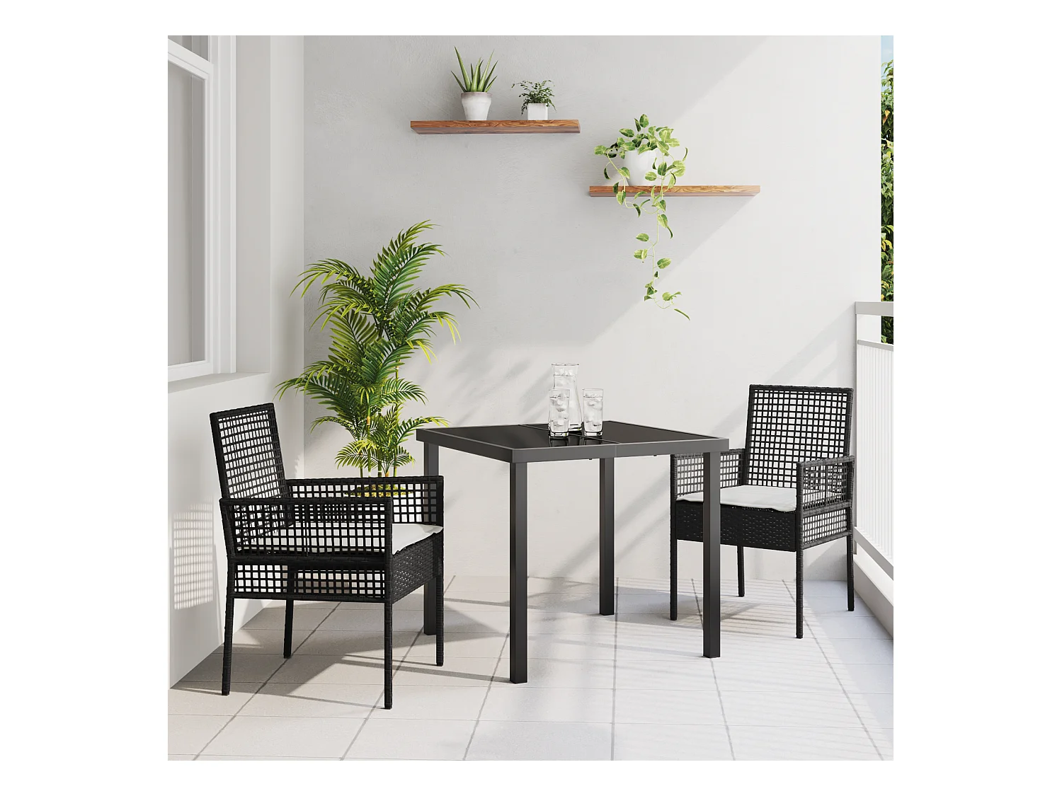 3-delige tuinset met zwarte kussens van synthetisch rotan