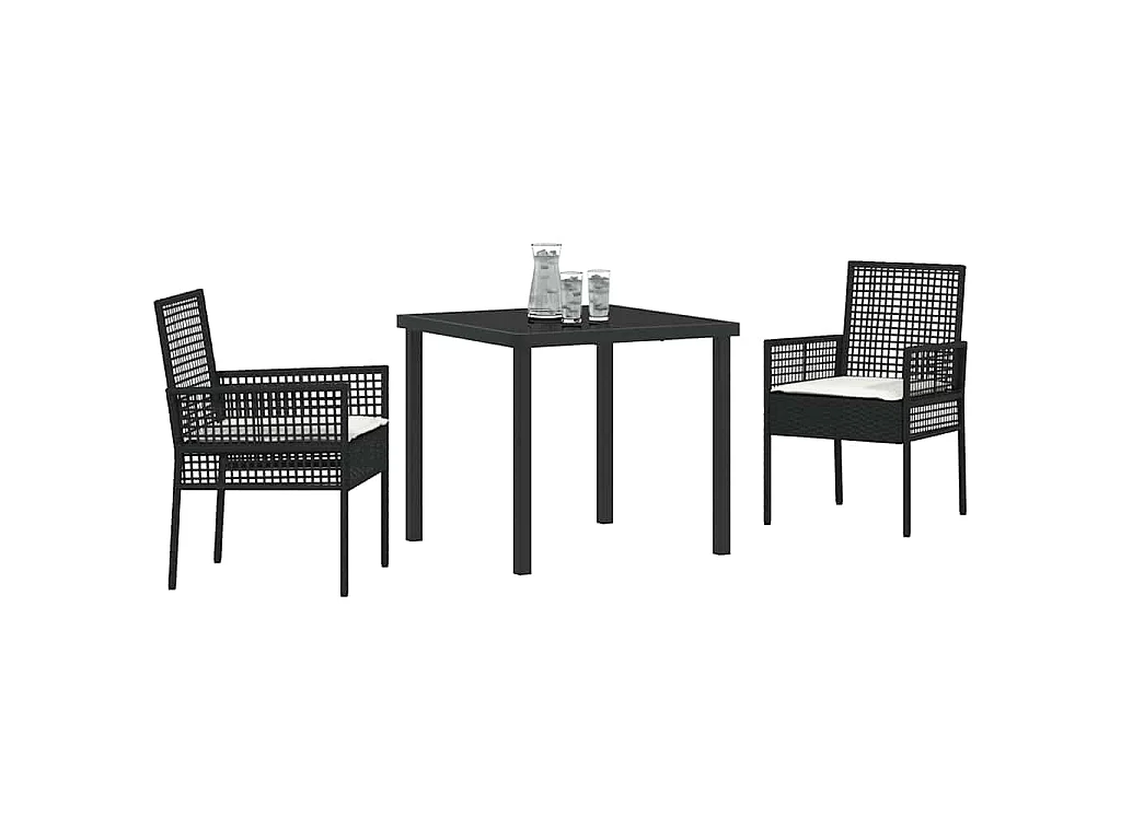 Ensemble de salle à manger de jardin 3 pièces avec coussins noir en rotin synthétique