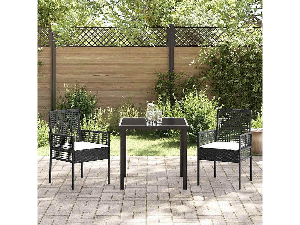 Ensemble de salle à manger de jardin 3 pièces avec coussins noir en rotin synthétique