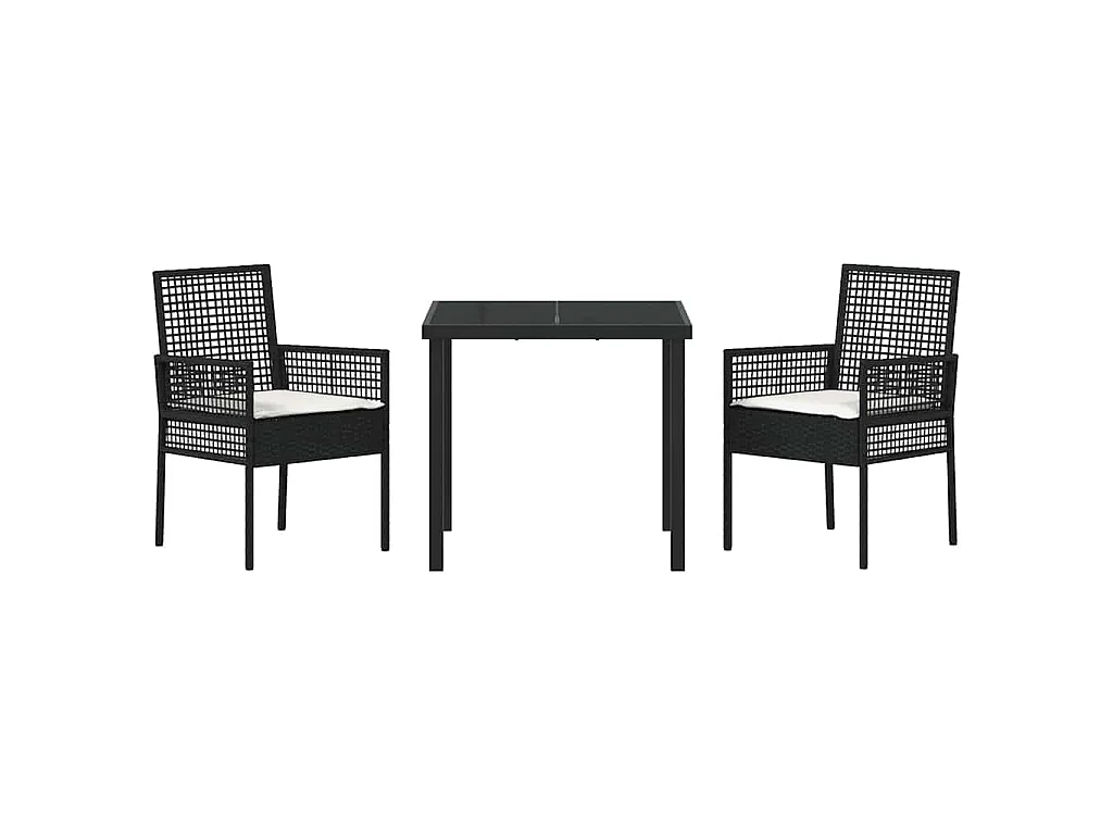 Ensemble de salle à manger de jardin 3 pièces avec coussins noir en rotin synthétique