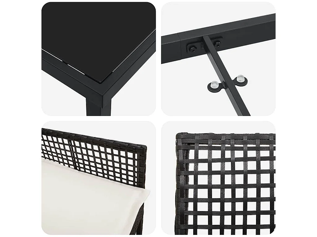 Ensemble de salle à manger de jardin 3 pièces avec coussins noir en rotin synthétique