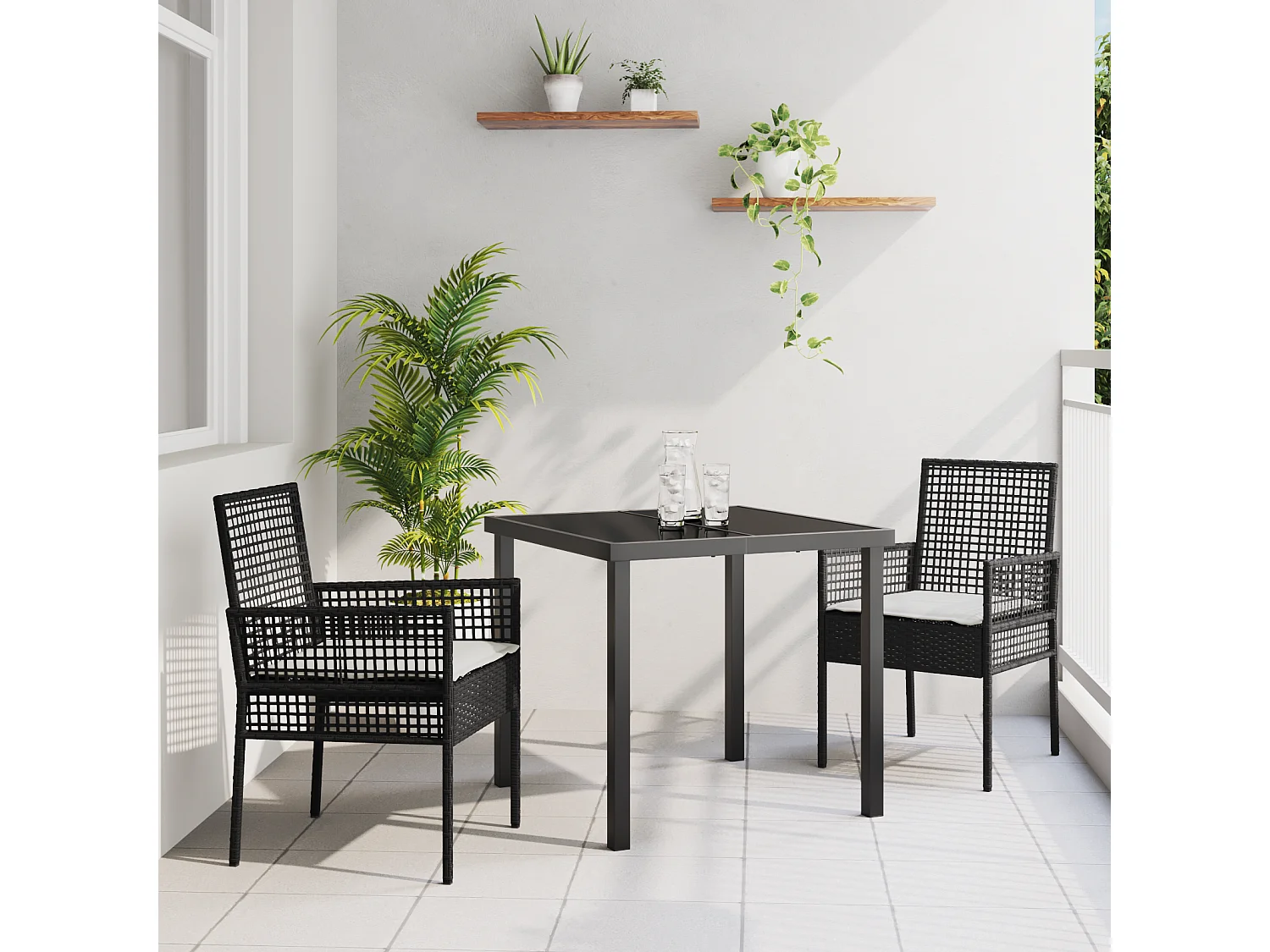 Ensemble de salle à manger de jardin 3 pièces avec coussins noir en rotin synthétique