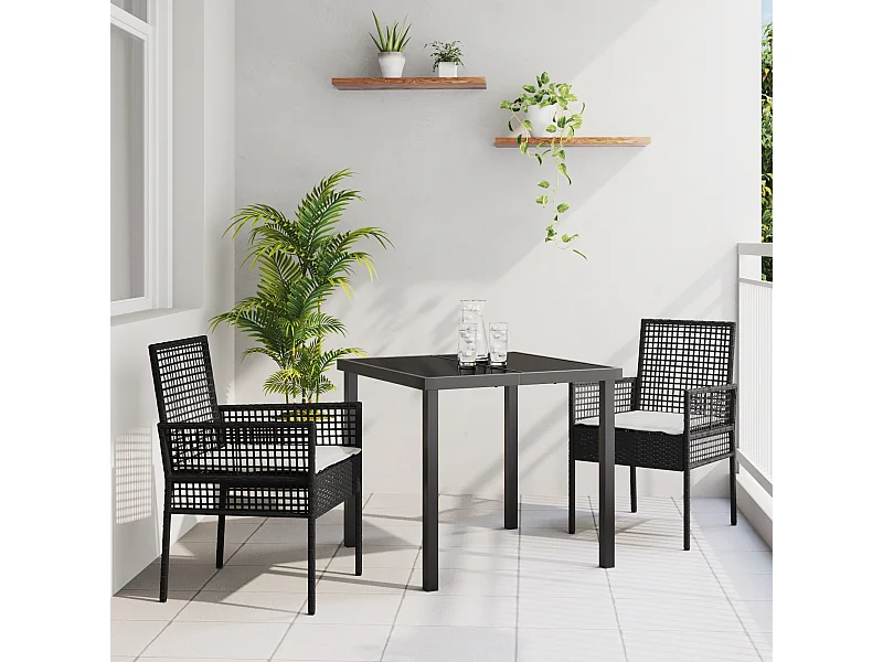 Set da pranzo da giardino 3 pezzi con cuscini neri in rattan sintetico